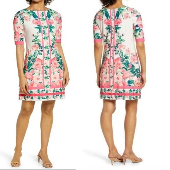 Eliza J NWT Border Rose Print Sheath Dress Ballet Neck Elbow-Sleeve Women's Sz 6 - Picture 5 of 5